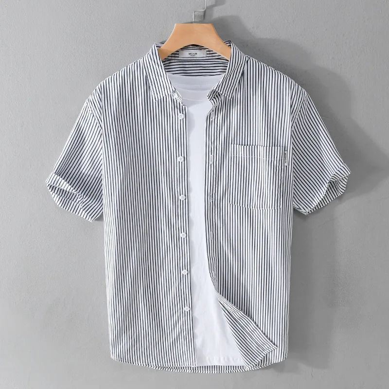 Summer Men's Loose Fit Striped Short Sleeve Shirt Trendy Youth Fashionable Artistic Half Sleeve Shirt American Style Cotton B...