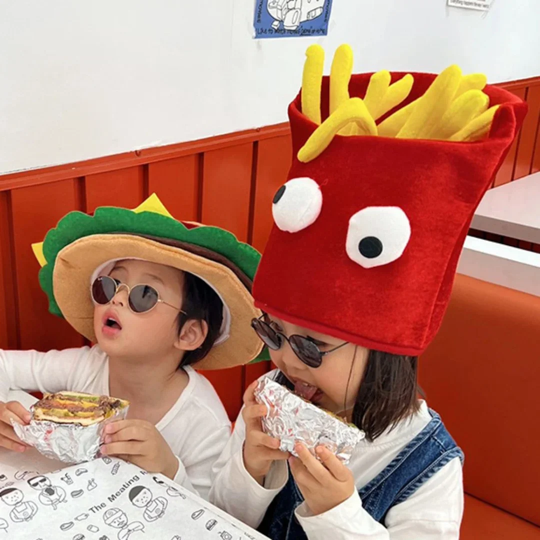 2025 Chapeaux de hamburger et de frites fun pour femmes et hommes, dessin animé pour adultes, garde au chaud, jouets en