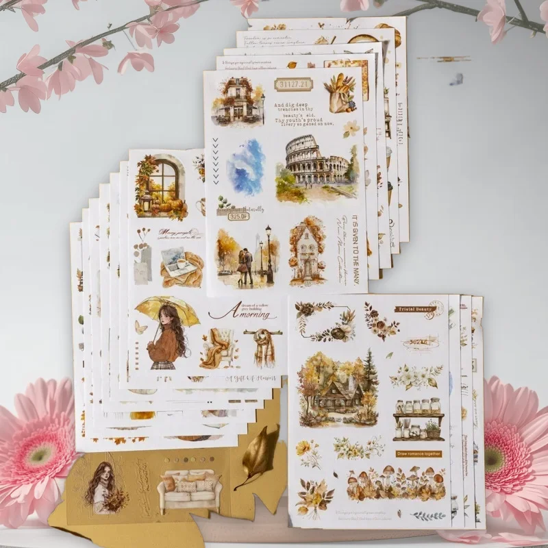 

20 Sheets/pack Large Size Die Cut Sticker Book, Autumn Invitation Series 4 Styles Retro Hand Account Scenery Stickers