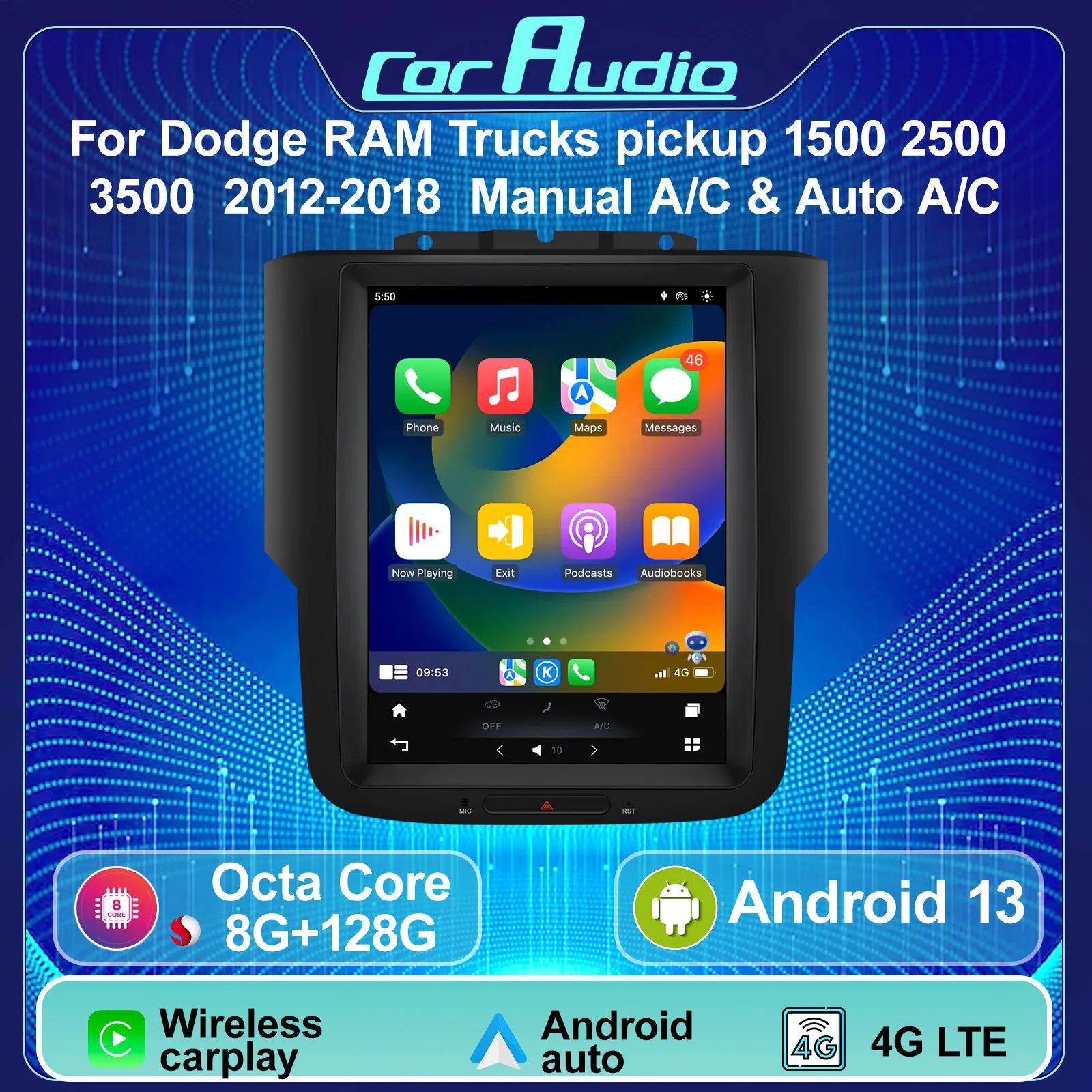 

10.4 inch For Dodge Ram 1500 2500 3500 2012-2018 Car Radio Multimedia Player Carplay Android Bluetooth Screen Audio DSP Stereo