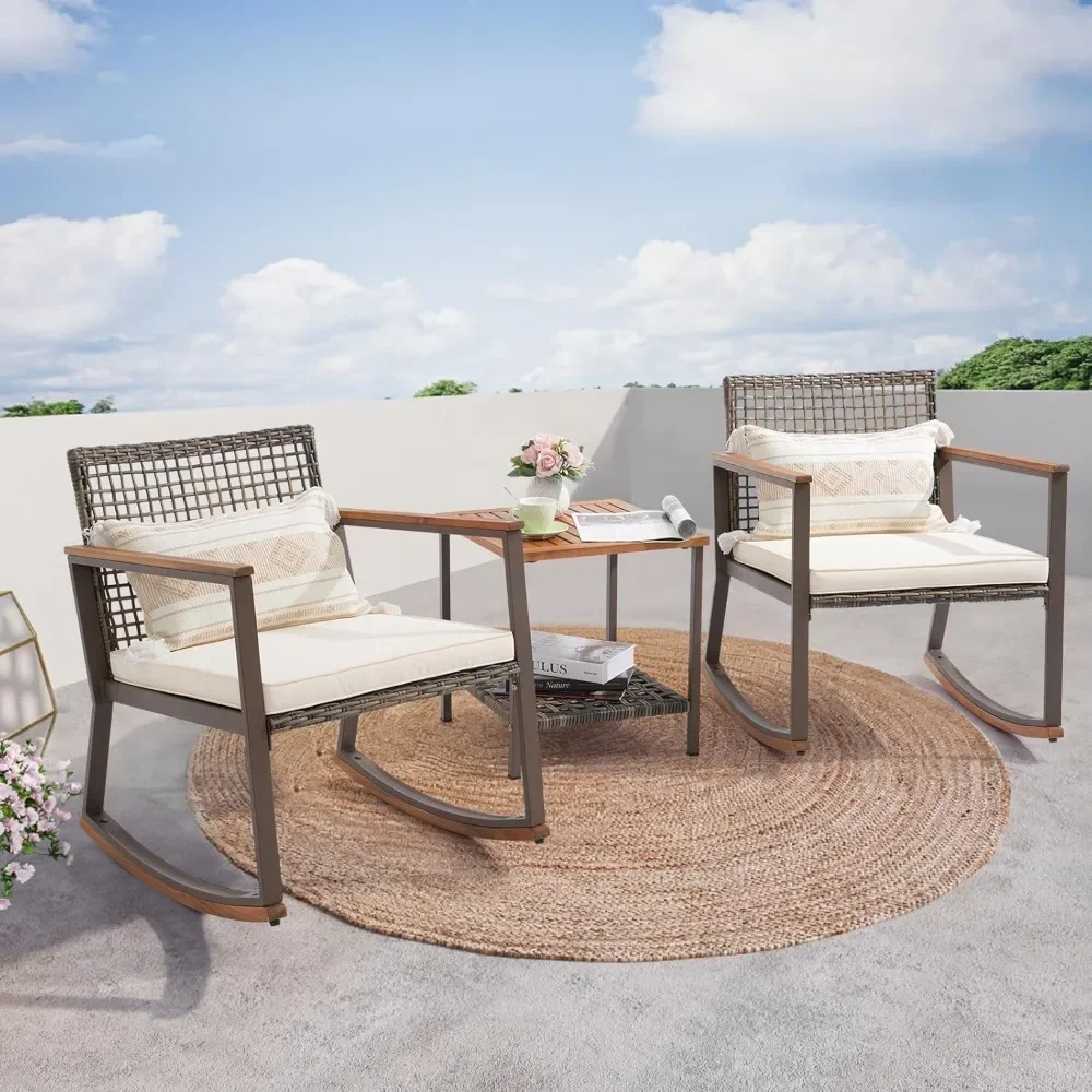 Rocking Bistro Set, Outdoor Conversation Bistro Chairs and Table Set with Wood Armrest and Soft Cushions, Small Porch Set