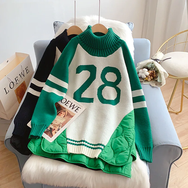 Women\'s Winter Thick Warm Sweaters Knitwear Turtleneck Pullover Korean Girl Blue Green Jumpers Cozy Loose Quilted Stitch Sweater