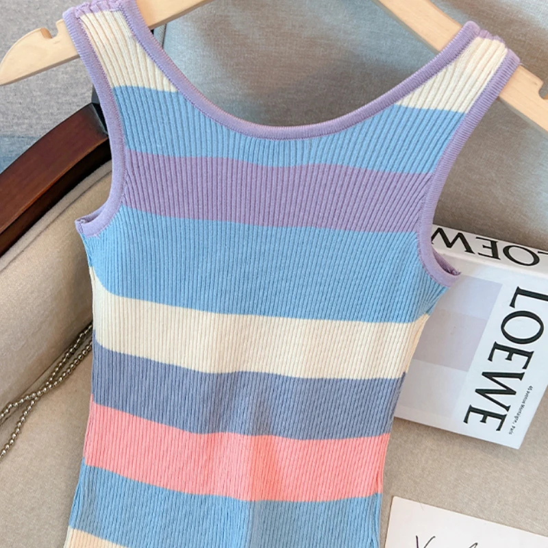 Vestido largo de punto sin mangas para mujer, traje con tirantes, rayas arcoíris, cintura elástica, ajustado, verano, 2024
