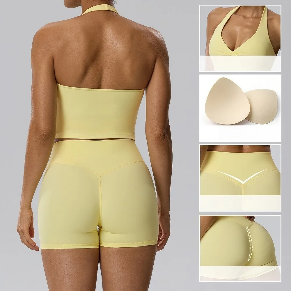 Women 2Pcs Yoga Set Deep V Neck Sports Vest Invisible Hip‑Lifting Shorts High Elastic Gym Workout Fitness Two‑Piece Outfit