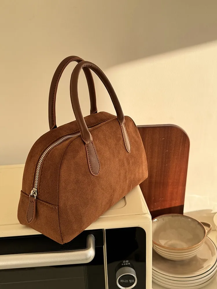 Maillard Suede Bowling Bag Retro Casual Hand Bag South korea  Portable Boston Pillow Bag