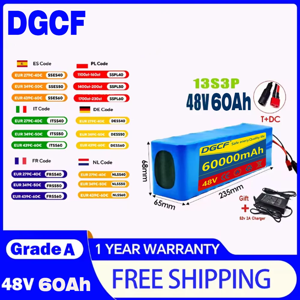 

2025 new EU shipment 48V 60Ah 2000W 13S3P DC/T Lithium Ion Battery Pack Suitable for 48V motors with BMS+54.6V Charger
