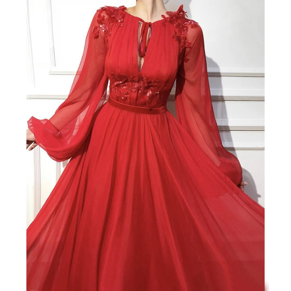 Vestidos de fiesta con apliques de encaje de tul rojo musulmán, cuello redondo, mangas largas abullonadas, vestidos de noche de boda, vestidos de fiesta de corte a