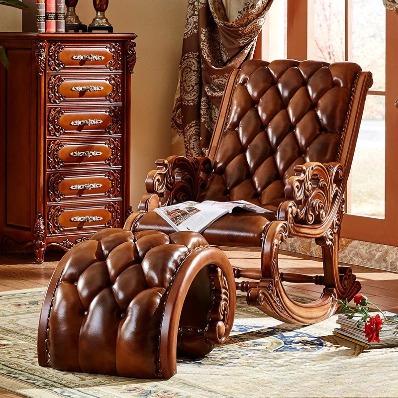 

European full solid wood carving flower rocking chair light luxury luxury balcony home leisure American recliner leather sofa