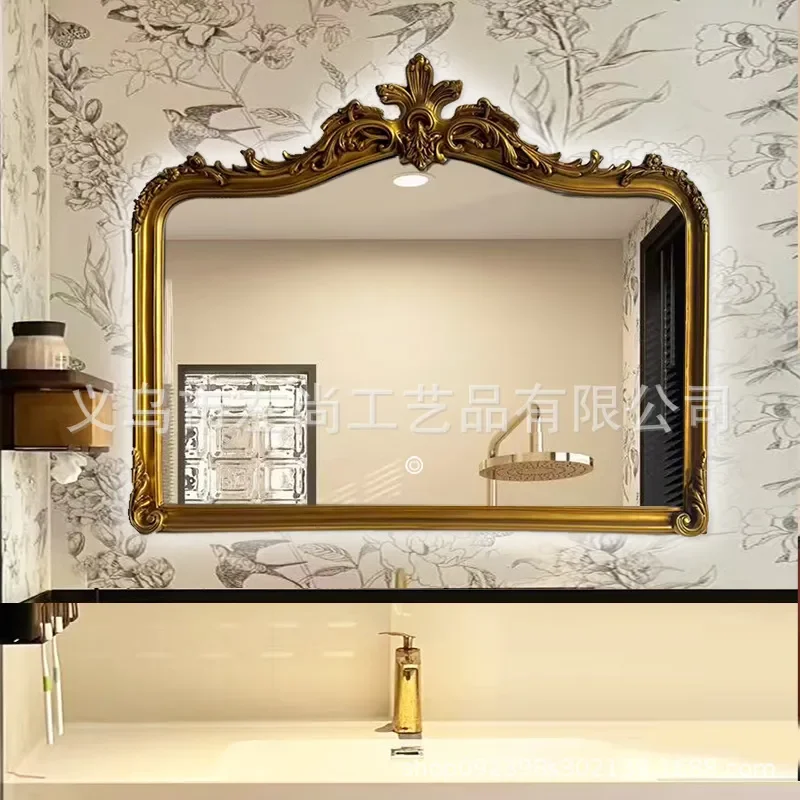 European French Retro Large Bathroom Mirror Double Basin Wall Mounted Carved Art Decorative Hanging Mirror for Toilet