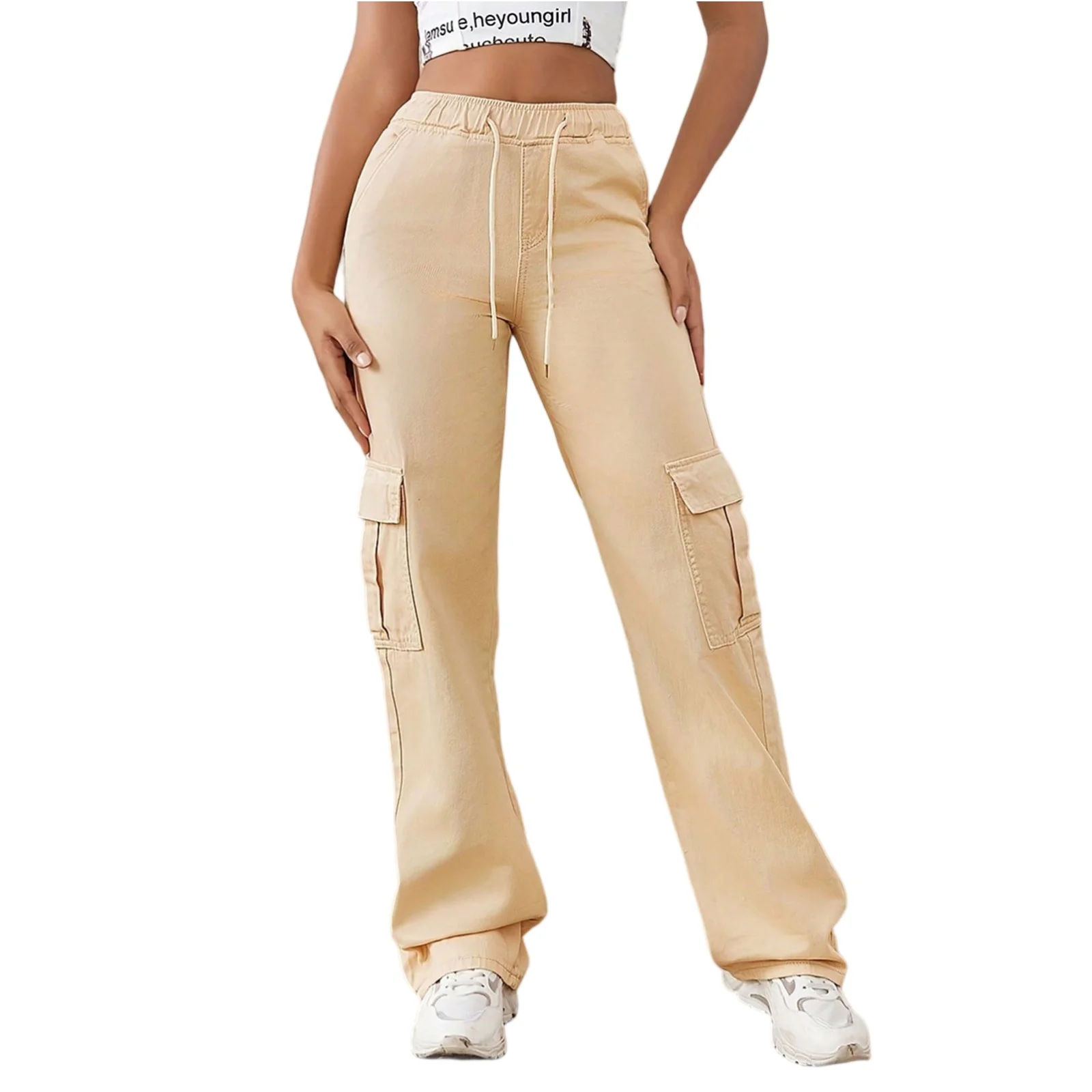 

Брюки-карго Женские брюки Базовые брюки с несколькими карманами и высокой талией Широкие брюки с эластичной резинкой на талии Спортивные прямые брюки Pantalon