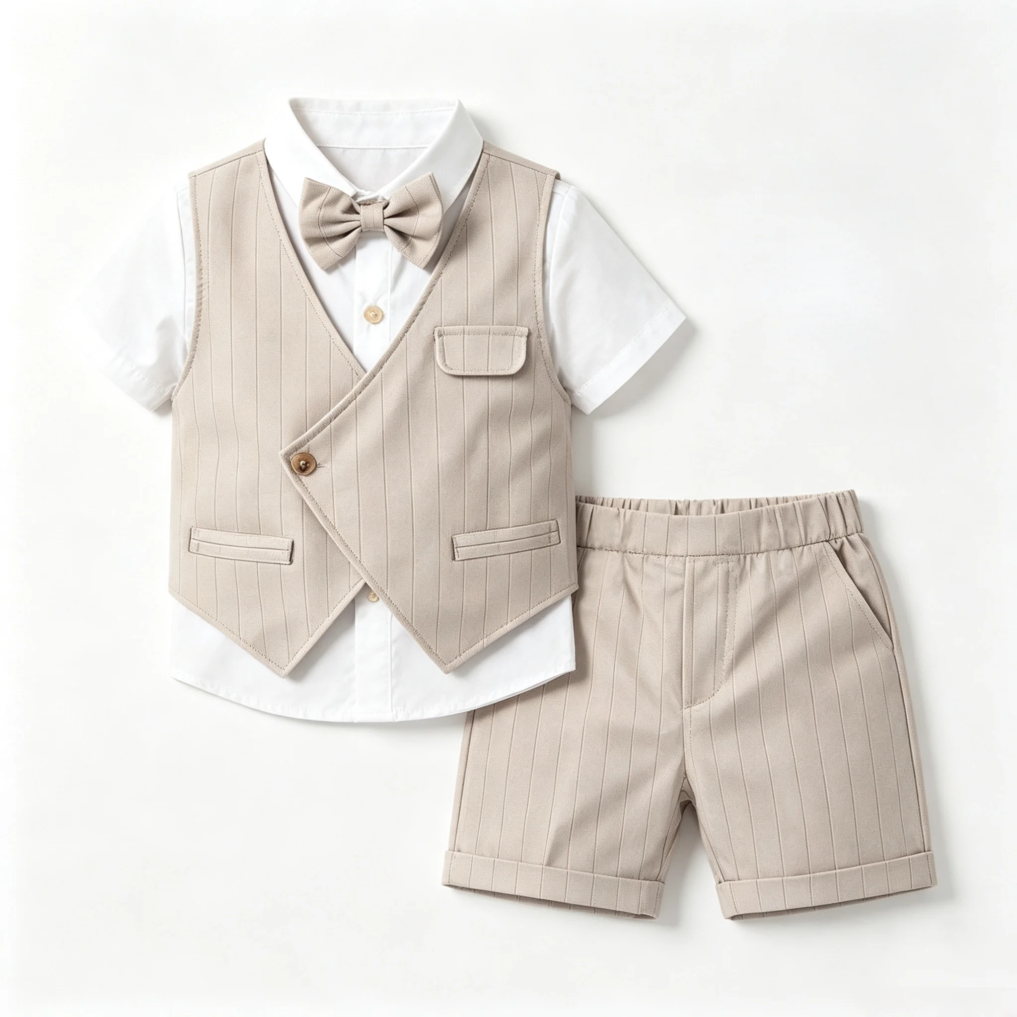 Baby Boys Khaki Striped Gentleman Suit 3 Piece Short Sleeve Shirt BowTie Vest Shorts Kids Formal Wedding Photograph  Costume Set