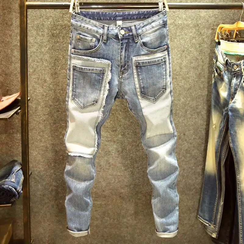 Trendy 2025 Brand Sticker Handsome Jeans Men's Designer Multi-pocket Trend Slim-fitting Pants Patchwork Patch Elastic Trousers
