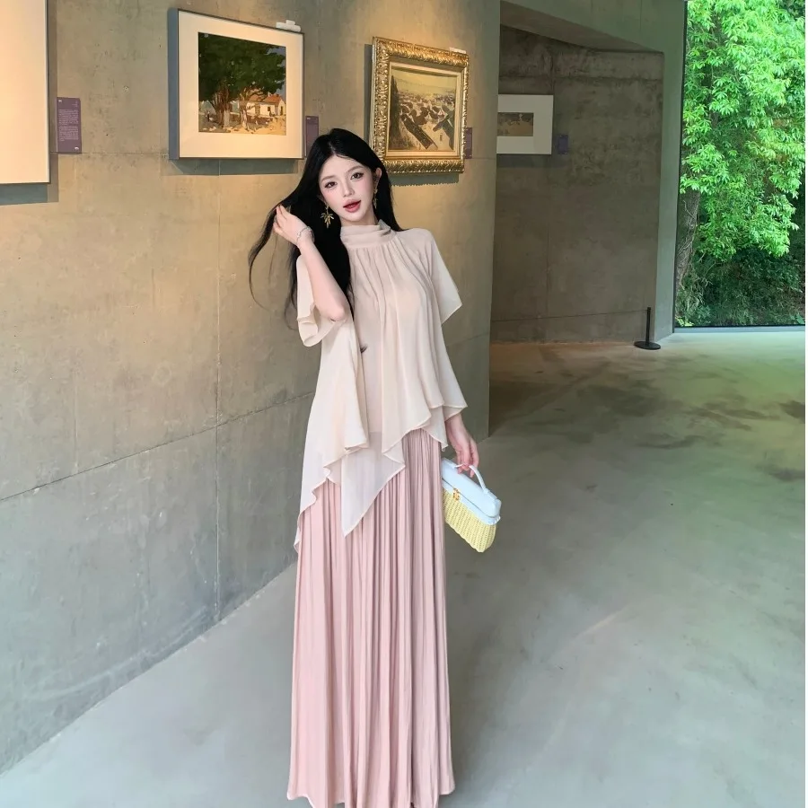 

Lightly Pearlescent Asymmetrical Half Skirt with Sashes And Chiffon Top Elastic Women's Fashion Set Breathable Lightweight Su...