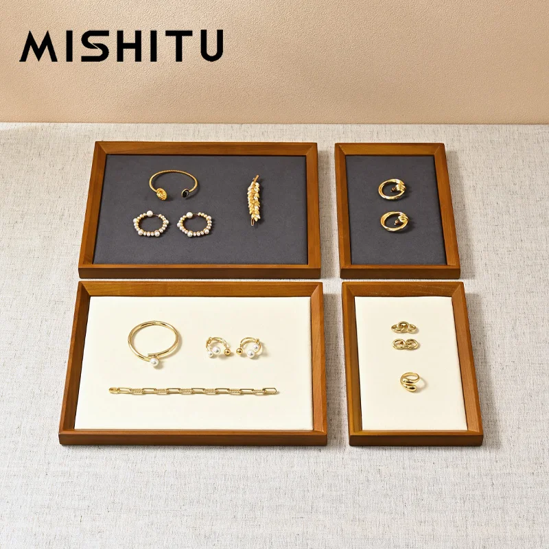 MISHITU Wooden Jewelry Organizer Tray for Ring Earrings Bracelet Bangle Necklace Rectangle Jewelry Display Stand Jewelry Plate