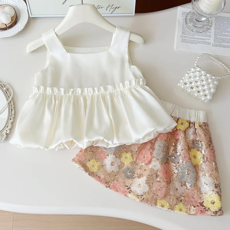 Conjunto de ropa de verano para niñas pequeñas, faldas con flores y lentejuelas, tops y camisas, ropa elegante para niños de 2 piezas y 2 a 10 años, 2024