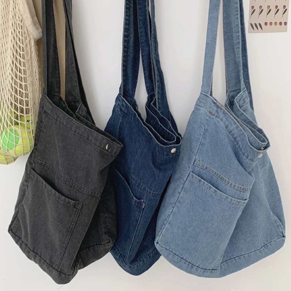 Unisex Denim Tote Handbag Large Capacity Foldable Satchel Bag Versatile Denim Shoulder Bag Casual Travel Shopping Bag