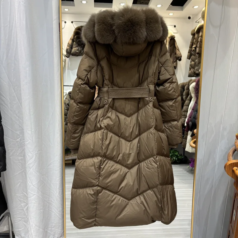 Real Natural Fox Fur Hooded Detachable Collar Belt White Duck Down Coat Winter Down Jacket Women Long Casual Elegant Overwears