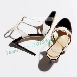 Sandali T-bar bicolore per donna moda Splicing punta tonda tacchi a spillo alti scarpe donna estate sandali da lavoro in oro di lusso