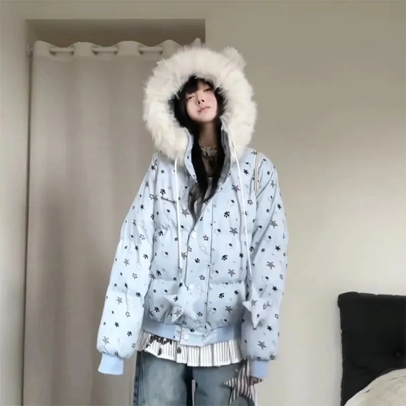 

Women Star Print Puffy Jacket Fall Winter Thick Warm Hooded Parkas Long Sleeve Harajuku Y2K Anime Cute Sweet Preppy Cotton Coat