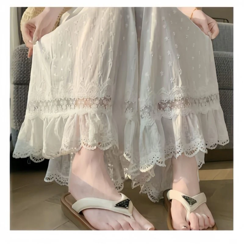 Women White Elastic High Waist Wide Leg Pants Star Embroidery Eyelet Lace Ruffle Hem Sheer Flowy Casual Beach Palazzo Trousers view 5