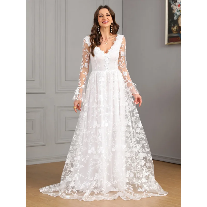 New European and American women's clothing for autumn and winter, new long-sleeve stylesVLace wedding dress with a large train a