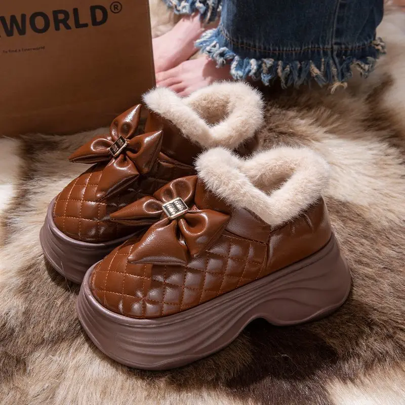 

New 8 cm furry collar plush slippers women winter waterproof bootie shoes woman warm platform slipper high heel slides fur mules