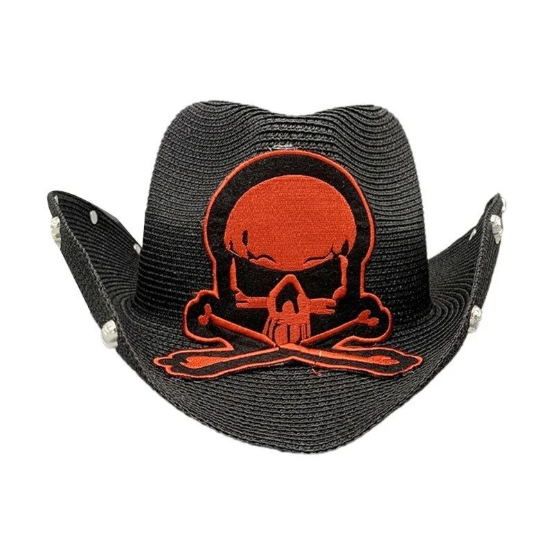 Vintage Straw Weaving Hat Women Men Ladies Cowboy Hat with Embroidery Skull Punk Bonnet Men Cosplay Hat