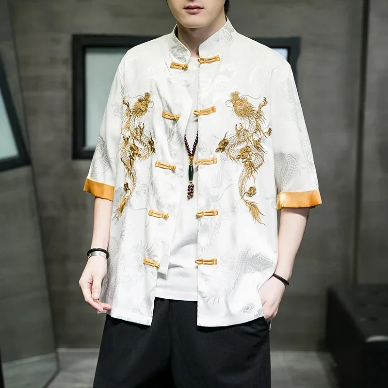 Creative Golden Dragon Embroidery Men\'s Shirt Tang Suit Hanfu Retro Cheongsam Casual Kung Fu Top Zen Tea Cardigan Coat