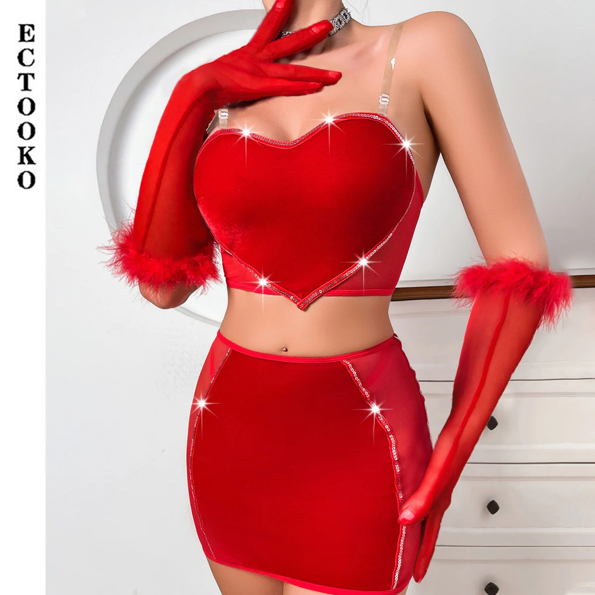 ECTOOKO Red Love This Year Erotic Underwear Short Skirt Set Comfortable Transparent Mesh Sexy Four-piece Set