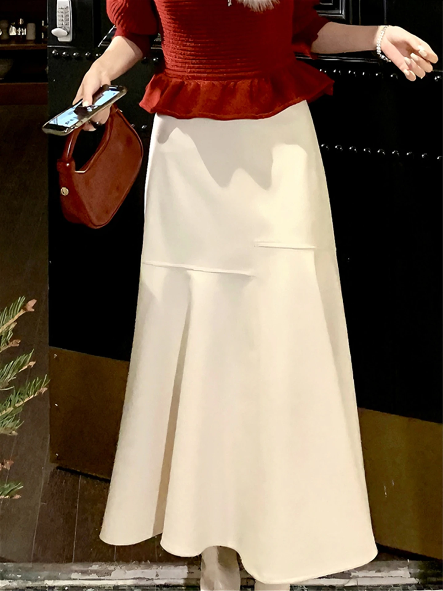 

Faionable A-Line Skirt for Women Warm Patchwork Design Commute Friendly Korean Sle Office Chic Winter Ready