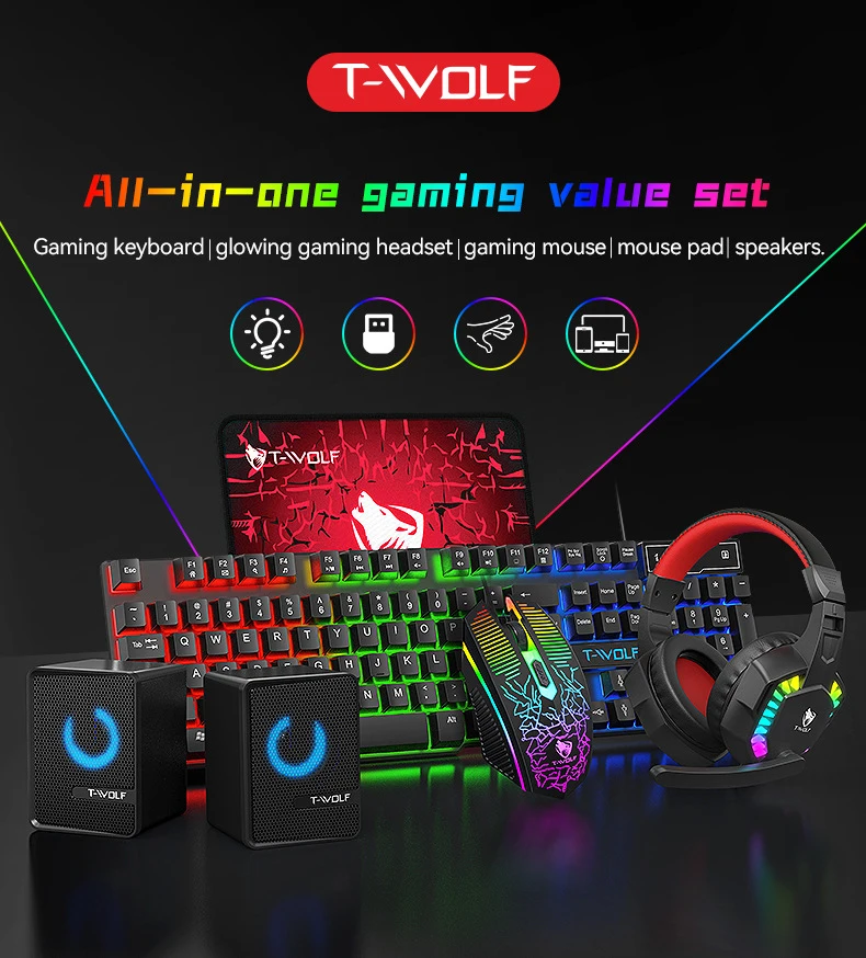 T-WOLF TF880 5-in-1 RGB Backlit Gaming Keyboard and Mouse Combo Set, Wired USB, with Gaming Headset, Mousepad and Speaker, 1200