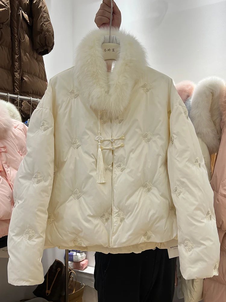 شتاء جديد النمط الصيني وشاح مع فرو الثعلب أسفل سترة المرأة مزاجه المطرزة أنيقة بطة بيضاء أسفل سترة #1