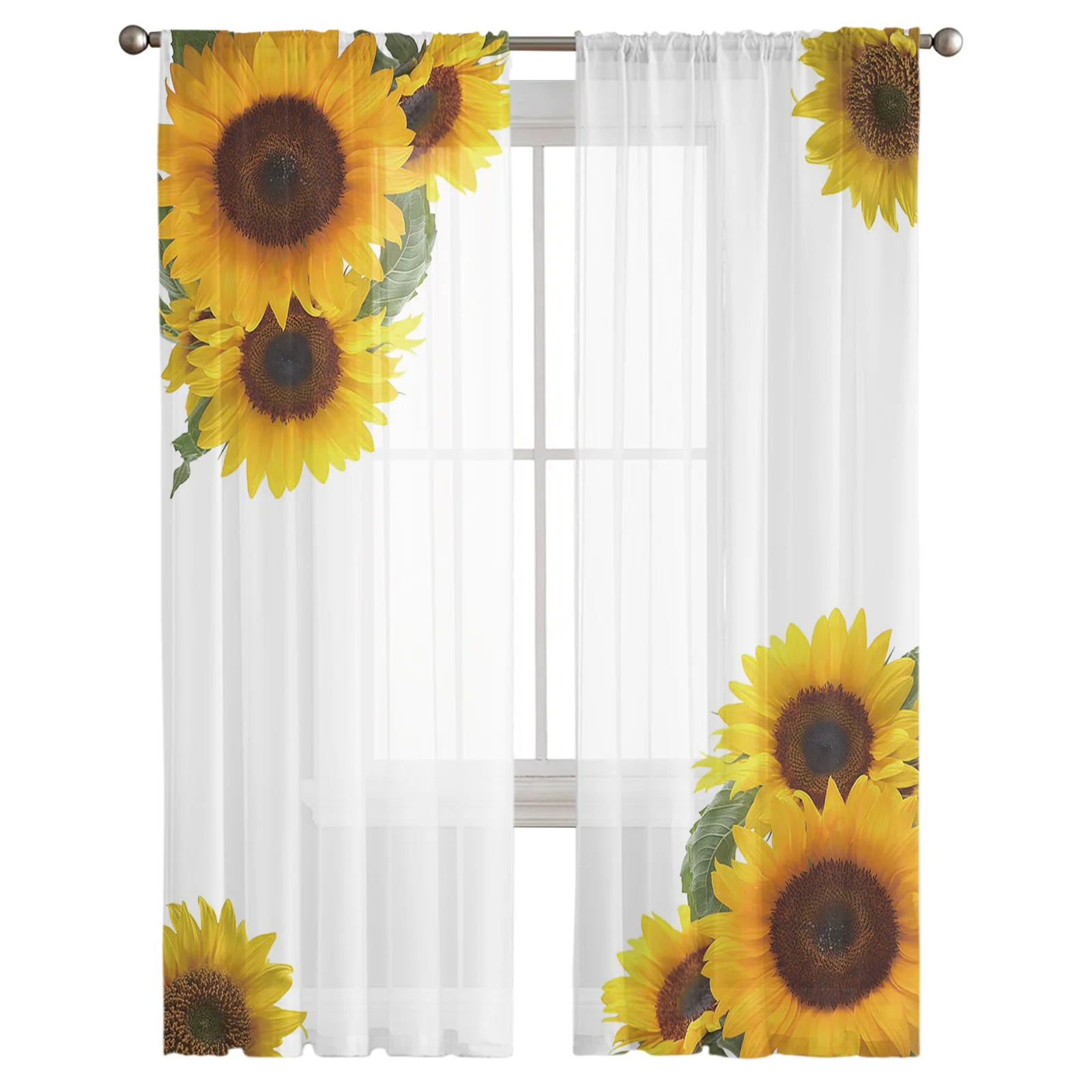 Sunflower Flower White Print Sheer Window Panel Curtains Room for Living Room Bedroom Kitchen Room Chiffon Tulle Curtains