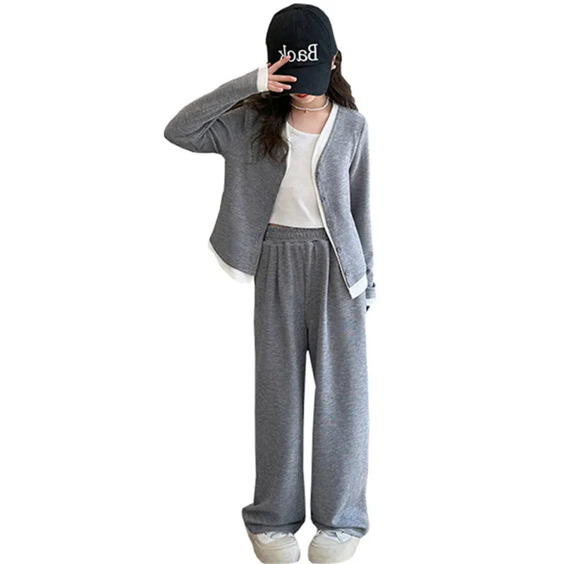 Korea Style Girls Casual Clothing Sets Single Button V-Neck Fake Splice Top and Pants Two Pieces Grey Khaki Kids Teenage Outfits