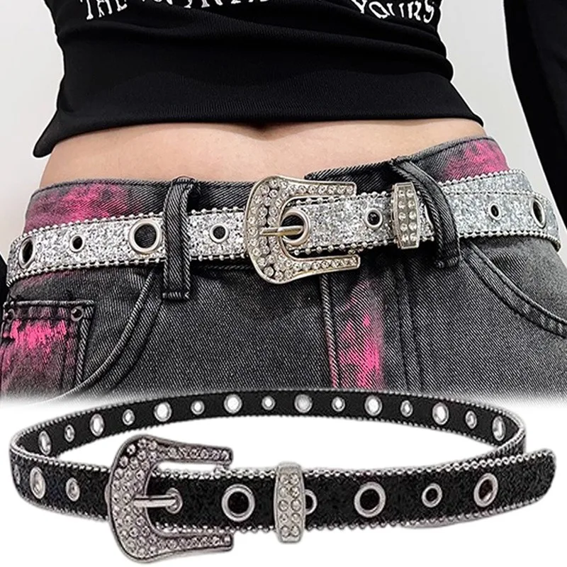 Vintage Rhinestone Belts for Women Bling Sweet Cool PU Leather Metal Buckle Pin Waist Belt Leisure Dress Jeans Wild Waistband