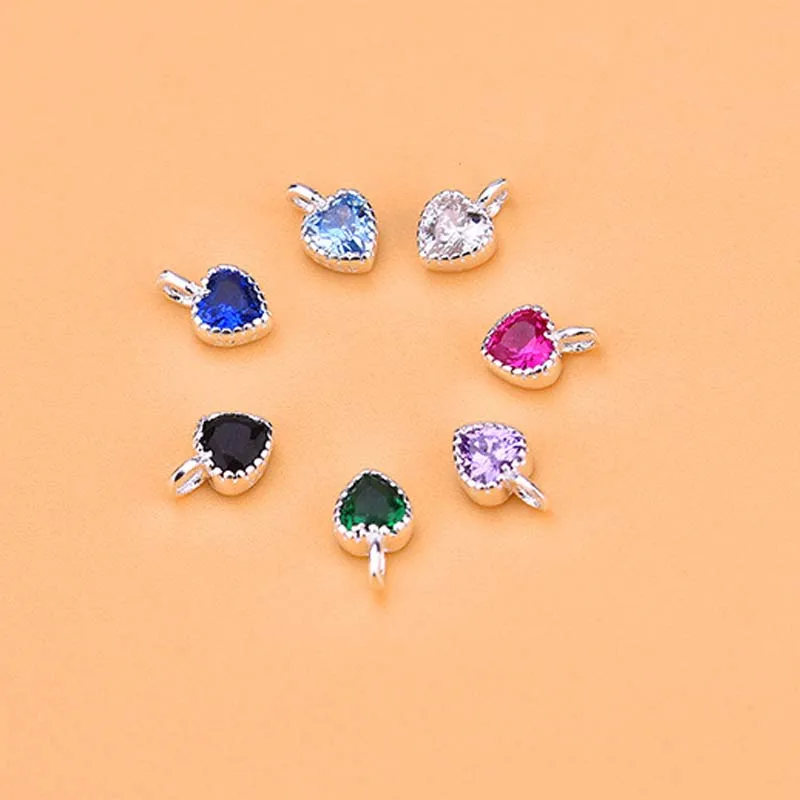 2pcs Genuine Real Pure 925 Sterling Silver Pendants Colorful Cubic Zircon Heart Suspension Jewelry Making Findings