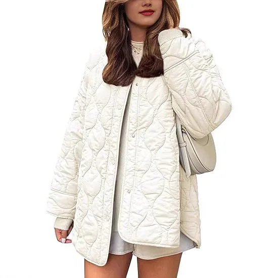 Round Neck Coat Loose Fit Mid Length Urban with Single Breasted Multiple Buttons Casual Crew Neck No Hood Autumn Women Jacket