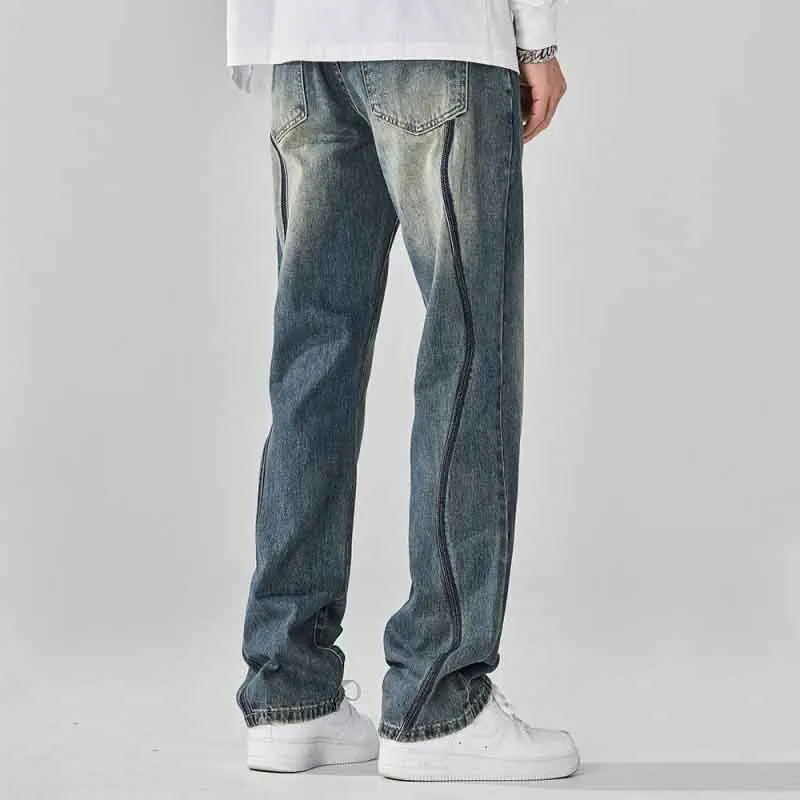 Jeans estivi Vintage stile americano High Street da uomo cerniere tascabili tendenza invecchiata pantaloni in Denim a gamba larga dritti versatili