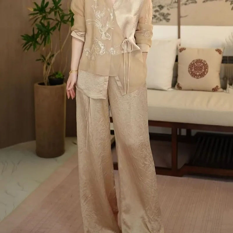 

Chinese Style National Fashion Womens Two Pieces Sets Summer New Retro Pan Button Cardigan Coat+Wide Leg Pants Sets