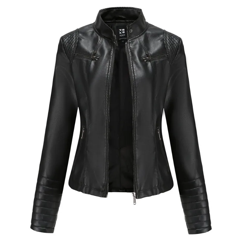 New Spring Autumn Thin Women's Imitation Leather Jacket Zipper Short Fashion European American Style Motorcycle Suit Streetwear