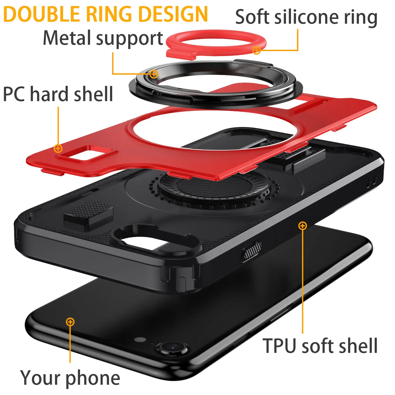 Para iPhone 7 4,7 polegadas Caso Híbrido À Prova de Choque Anel Duplo Kickstand Suporte Resistente Telefone Hard Slim Cover Vermelho