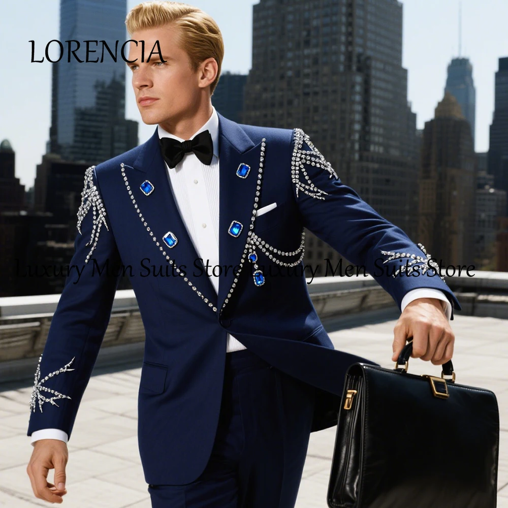 Elegant Jewelry Suits for Male 2 Pieces Sparkly Diamond Wedding Groom Tuxedos Customized Blazer Pants roupas masculinas