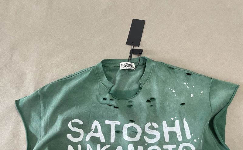 Men Women Foldable Camisole Viantge Worn Out Splashed Ink SATOSHI Sleeveless Tshirts Fading Letter Irregular Cutting Collar Vest