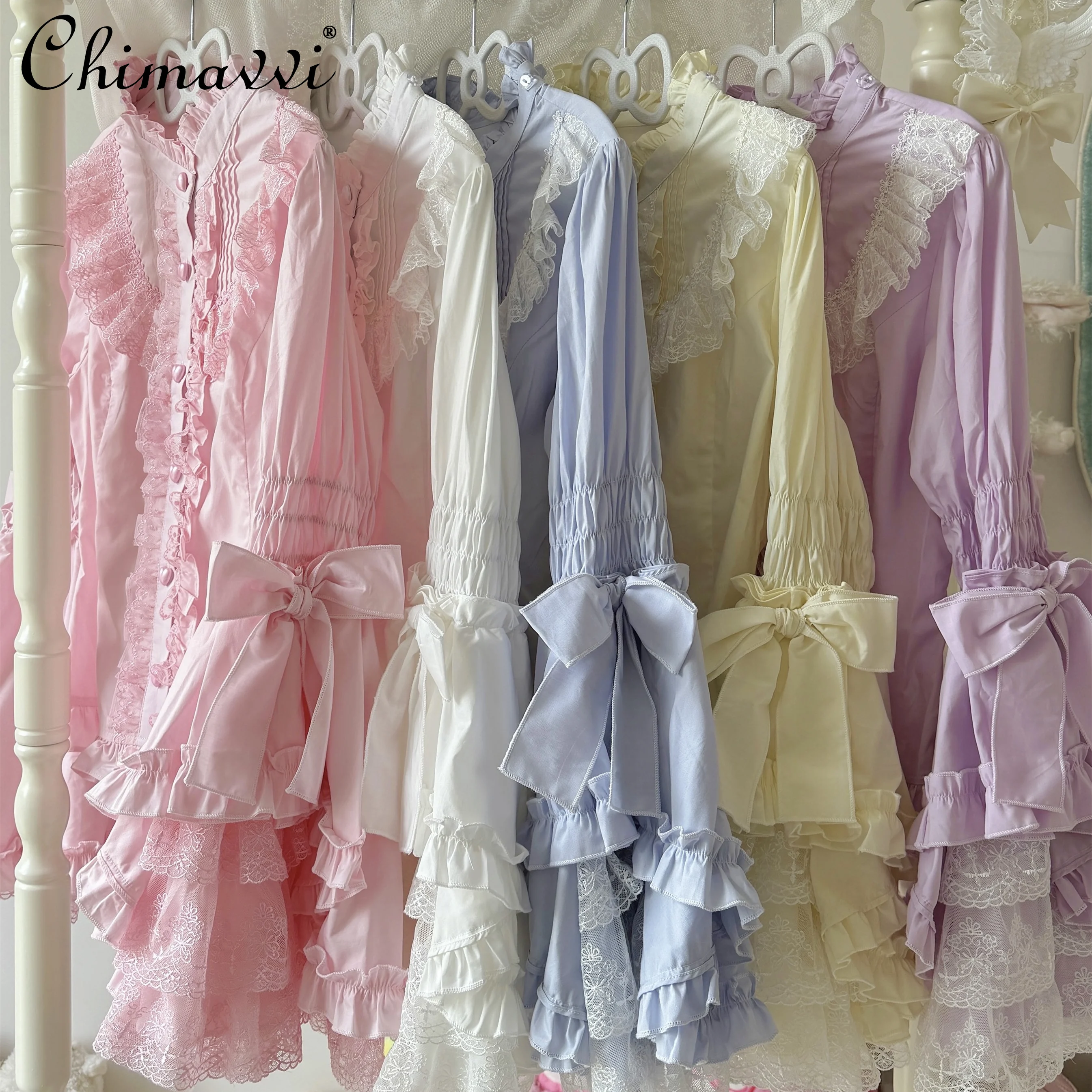 

Original Lolita Long-sleeved Stand-up Collar Ji-sleeved Shirt Backing Shirt Autumn New Sweet Girl Loose Lace Splicing Blouse Top