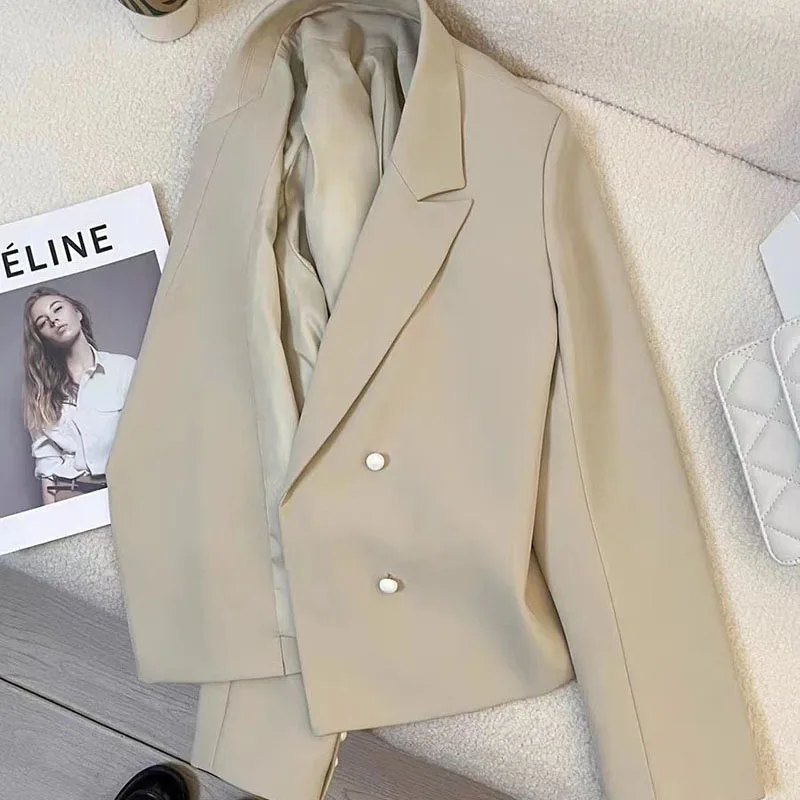 Korean Short Blazer for Women 2025 New Autumn Double-Breasted Notched Office Lady Jacket All-Match Simple Small Suit Jacket