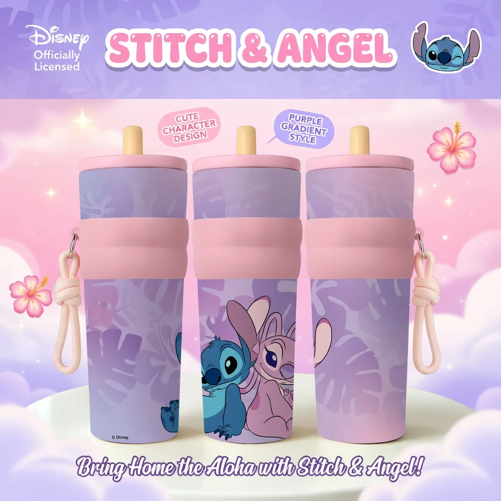 1 Stück 25oz Disney Stitch & Angel Edelstahl-Thermobecher mit Strohhalm und Trageschlaufe, Rosa Kaffeebecher für Fans