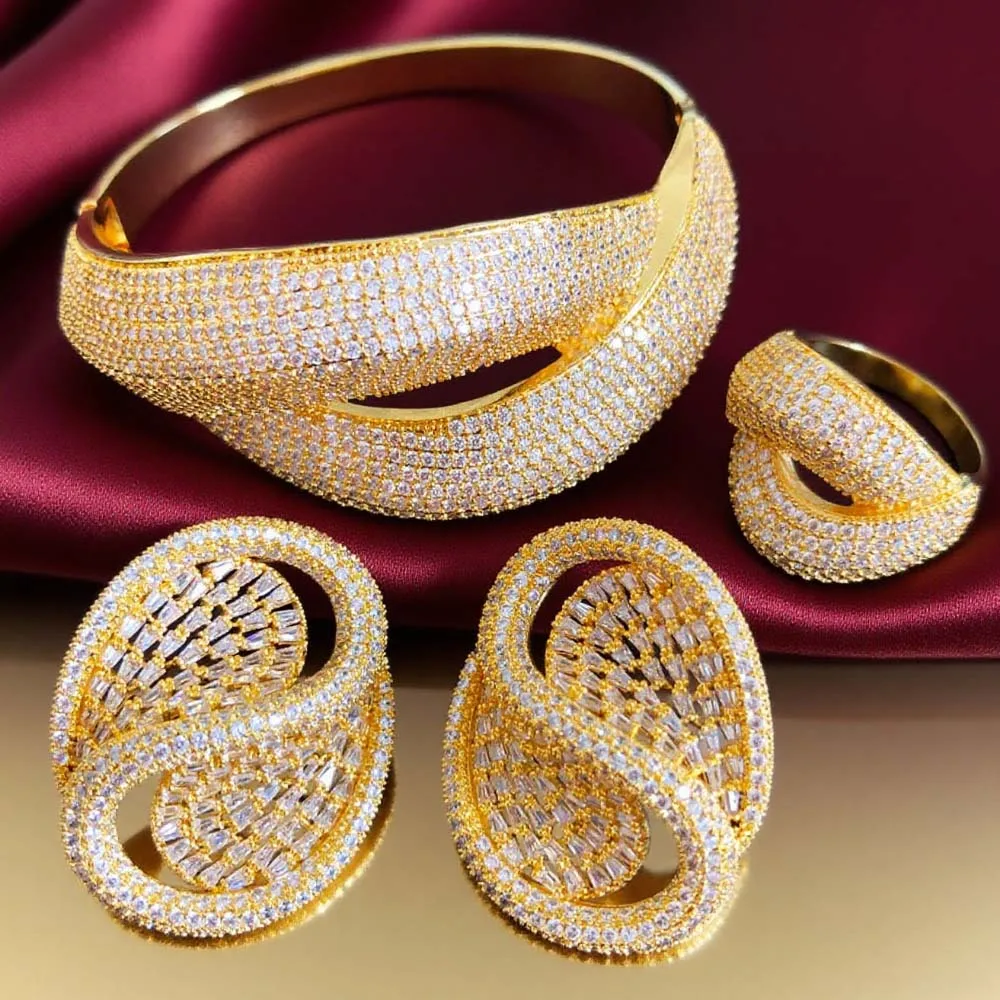 

Missvikki Luxury 3pcs Bangle Earrings Ring Jewelry Set For Women Wedding Party Full Zircon Dubai Bridal jewelry Set High Quality