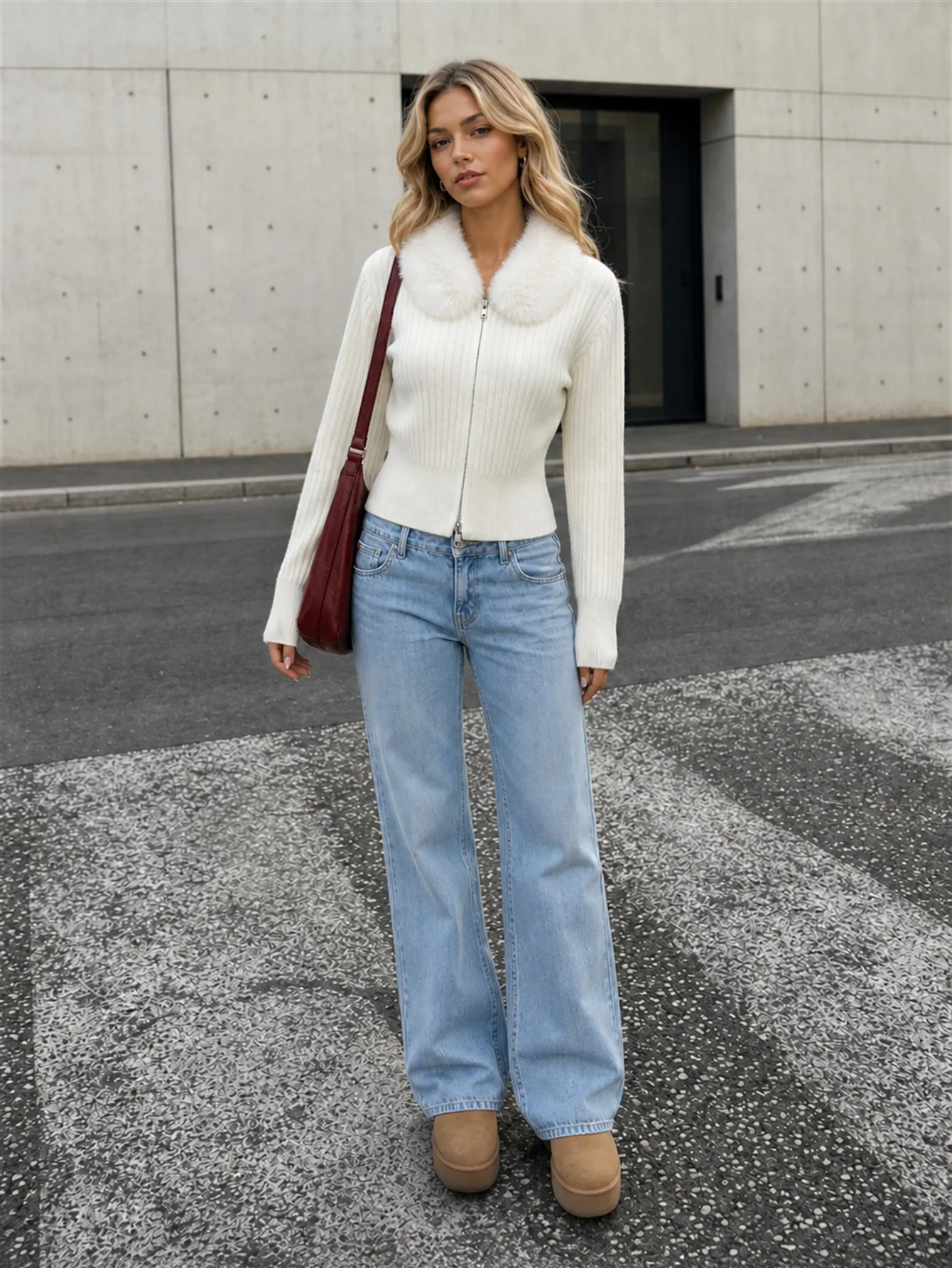 Casual Fur Collar Cardigan Women Long Sleeve Sweater Zip Up Ribbed Knit Top Y2K Fitted Cropped Cardigan Jacket For Fall Winter