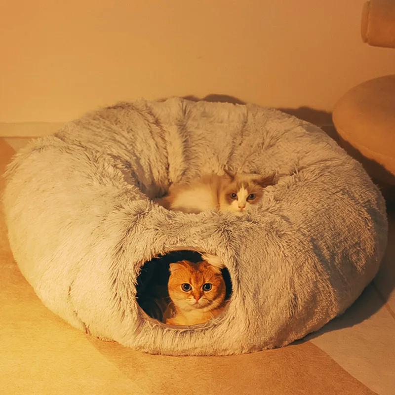 

2 In 1 Round Cat Beds House Funny Cat Tunnel Toy Soft Long Plush Dog Bed For Small Dogs Basket Kittens Bed Mat Kennel Deep Sleep