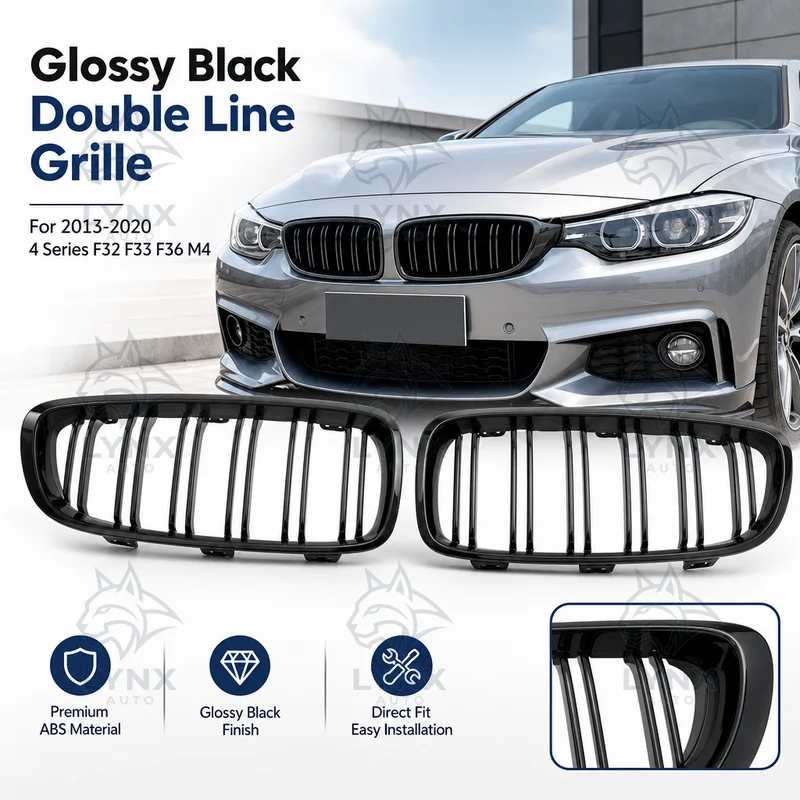 Replacement For 2013-2020 BMW 4 Series F32 F33 F36 M4 Glossy Black Double Line Double Bar Front Bumper Grille Wide Body